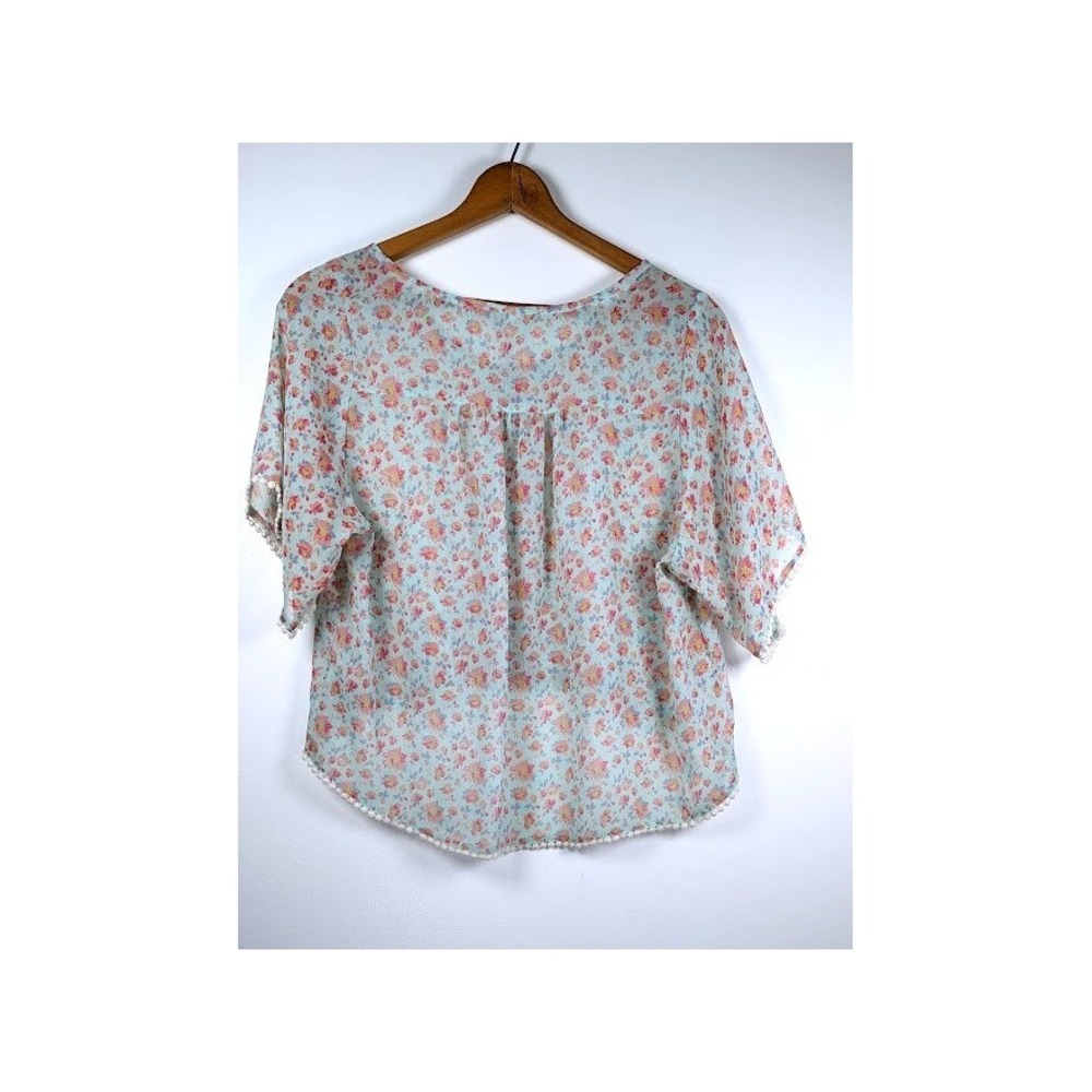 Mudd Sheer Overlay Top‎ Size Large Floral Pom Pom Cottagecore High Low Festival